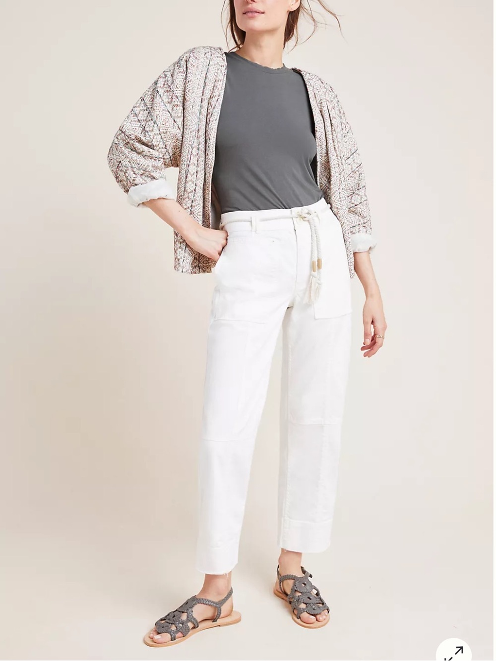 Anthropologie Cropped Utility Pants Raw Hems in White Sz 27